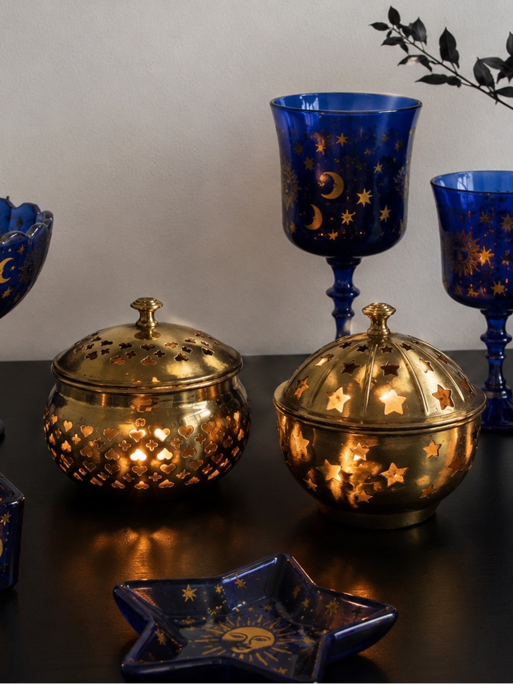 Vintage Brass Fairy Lamp Tea Light Candle Holders Set Celestial Star Heart 90s